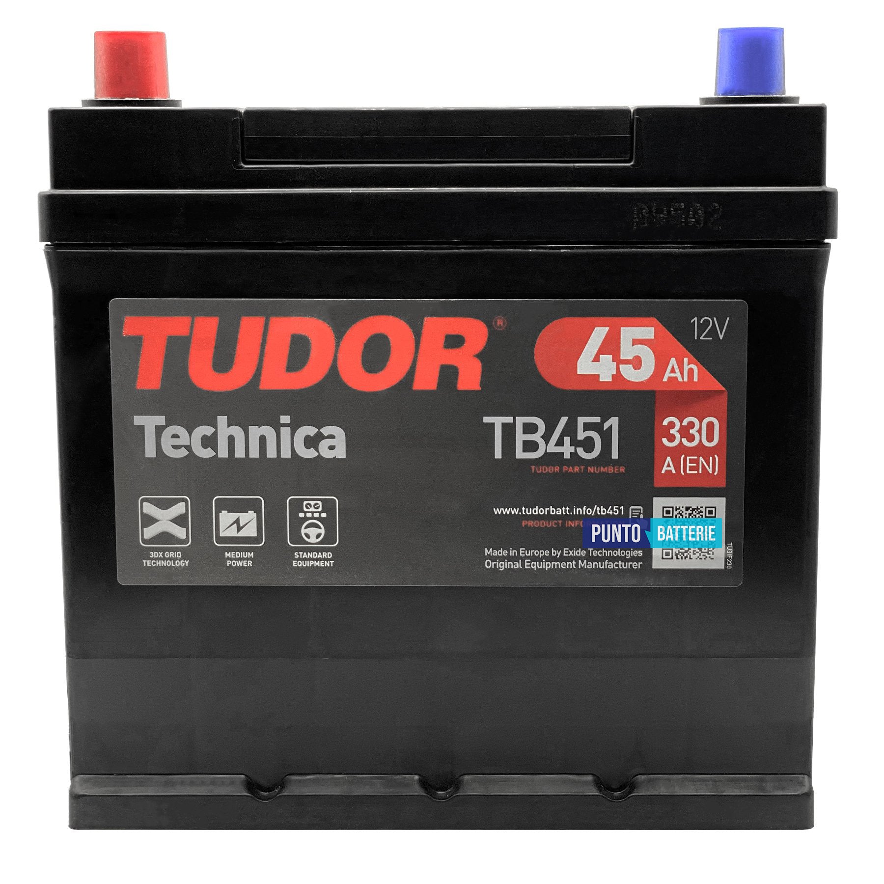Batteria Tudor 45Ah, 12V, 330A, 220x135x225mm