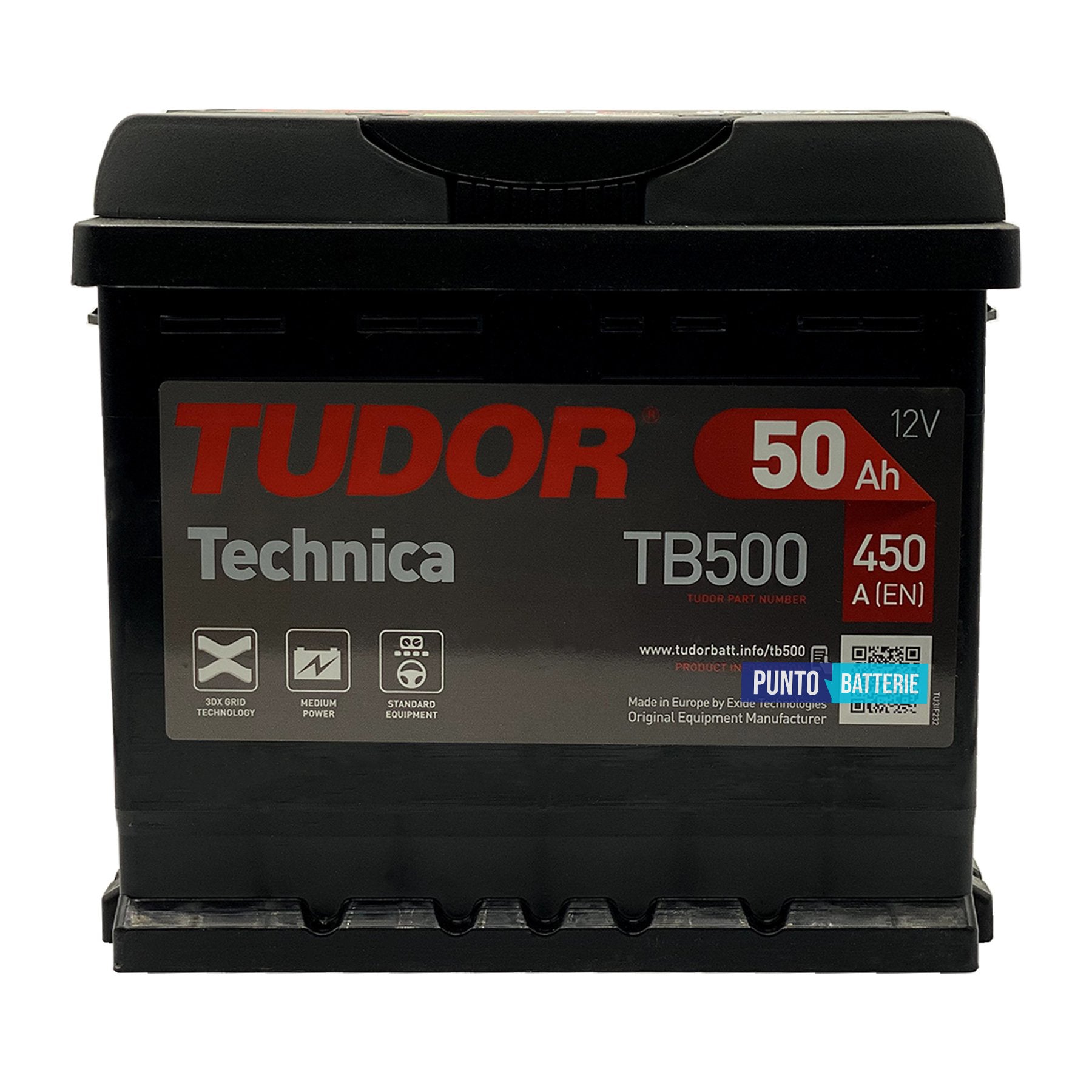 Batteria Tudor 50Ah, 12V, 450A, 207x175x190mm