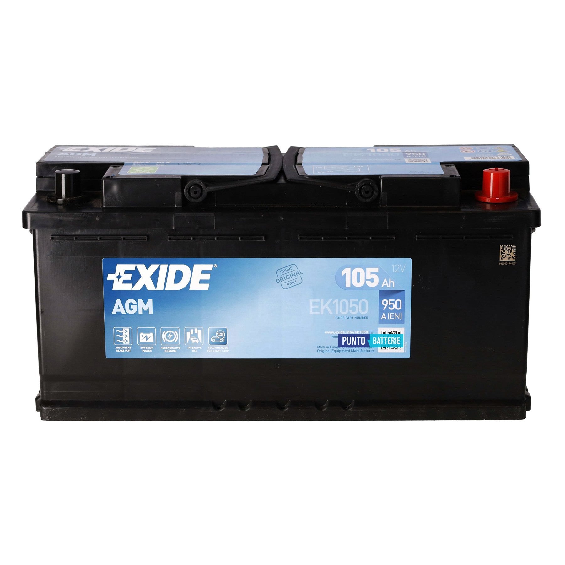 Batteria Exide 105Ah, 12V, 950A, 392x175x190mm, AGM