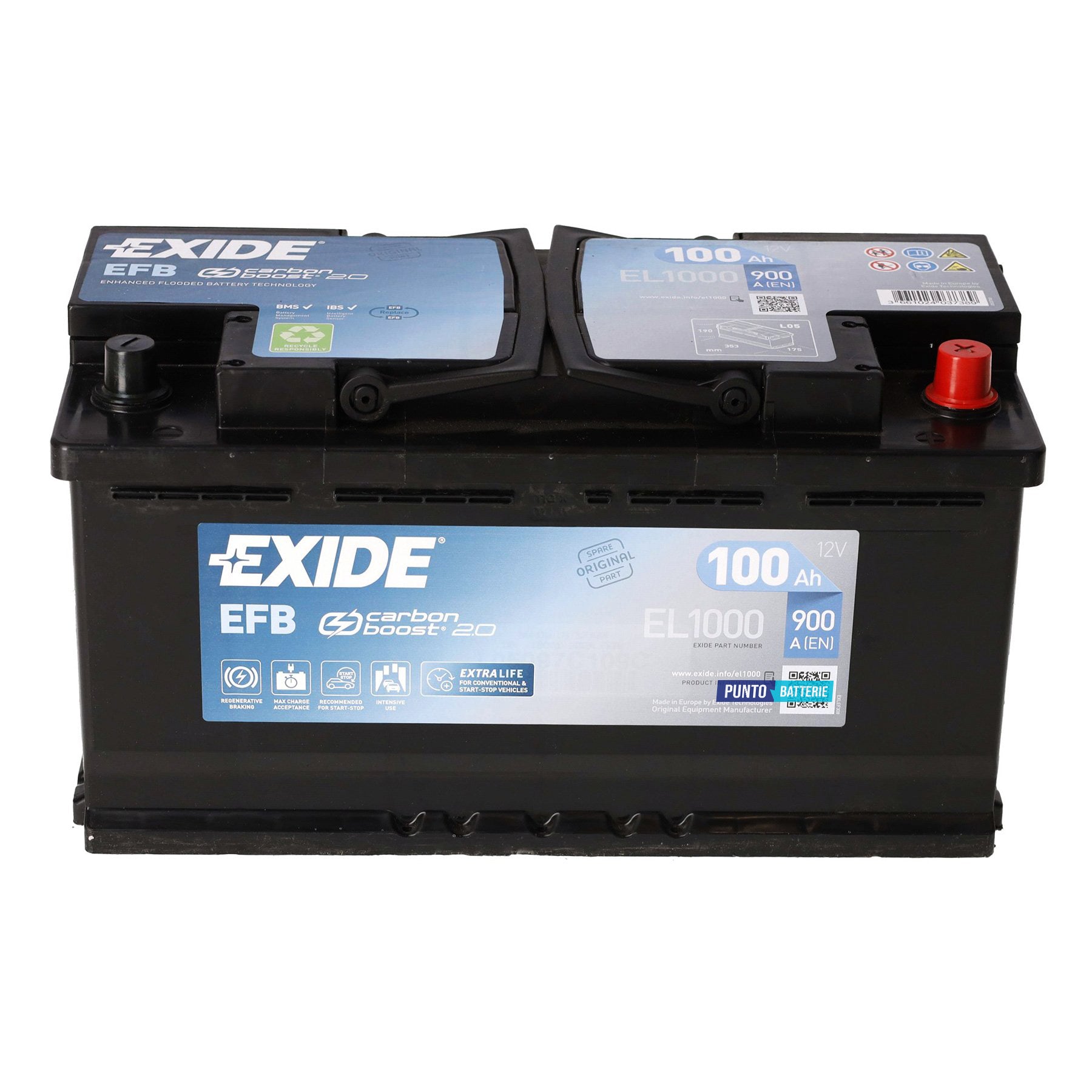 Batteria Exide 100Ah, 12V, 900A, 353x175x190mm, EFB