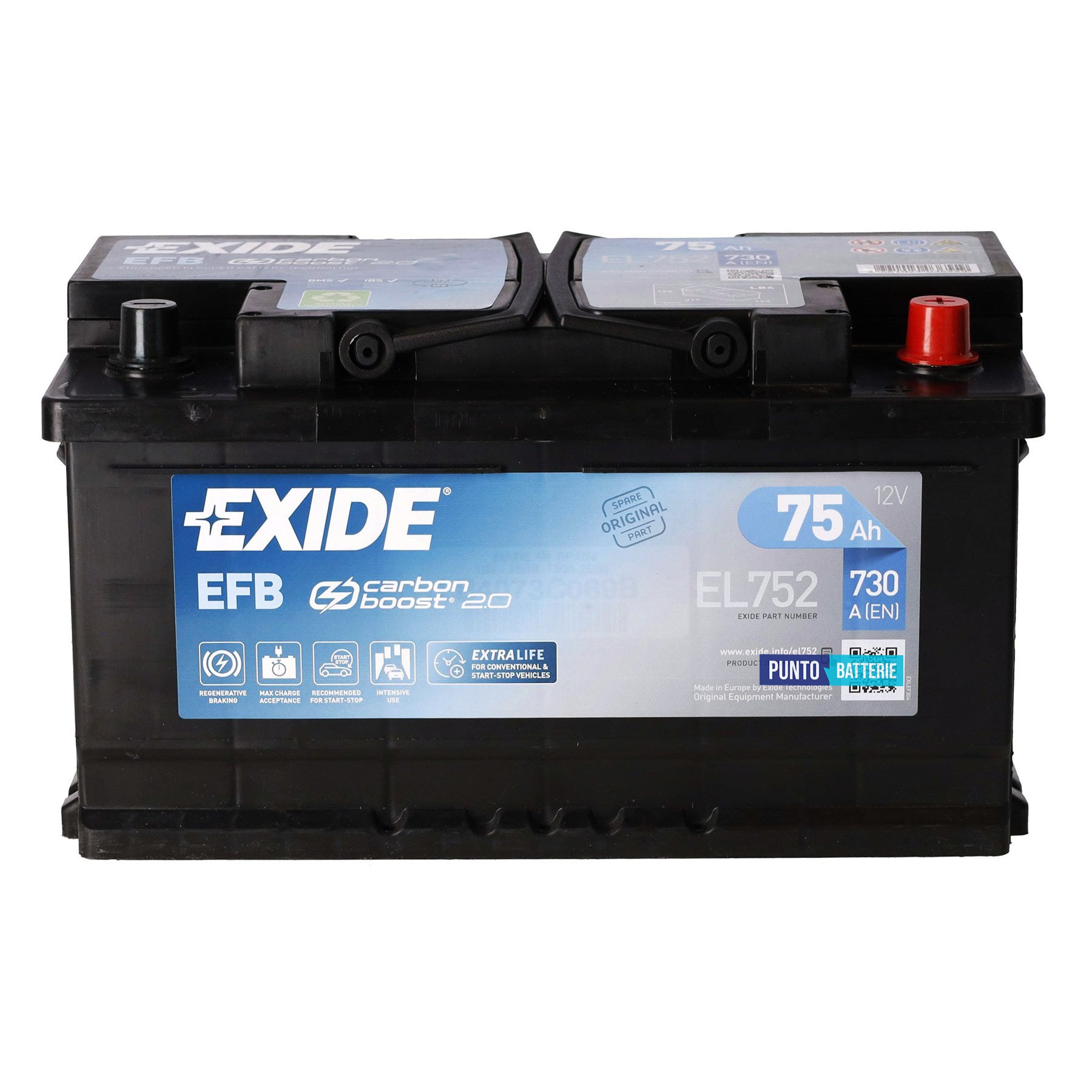 Batteria Exide 75Ah, 12V, 730A, 315x175x175mm, EFB