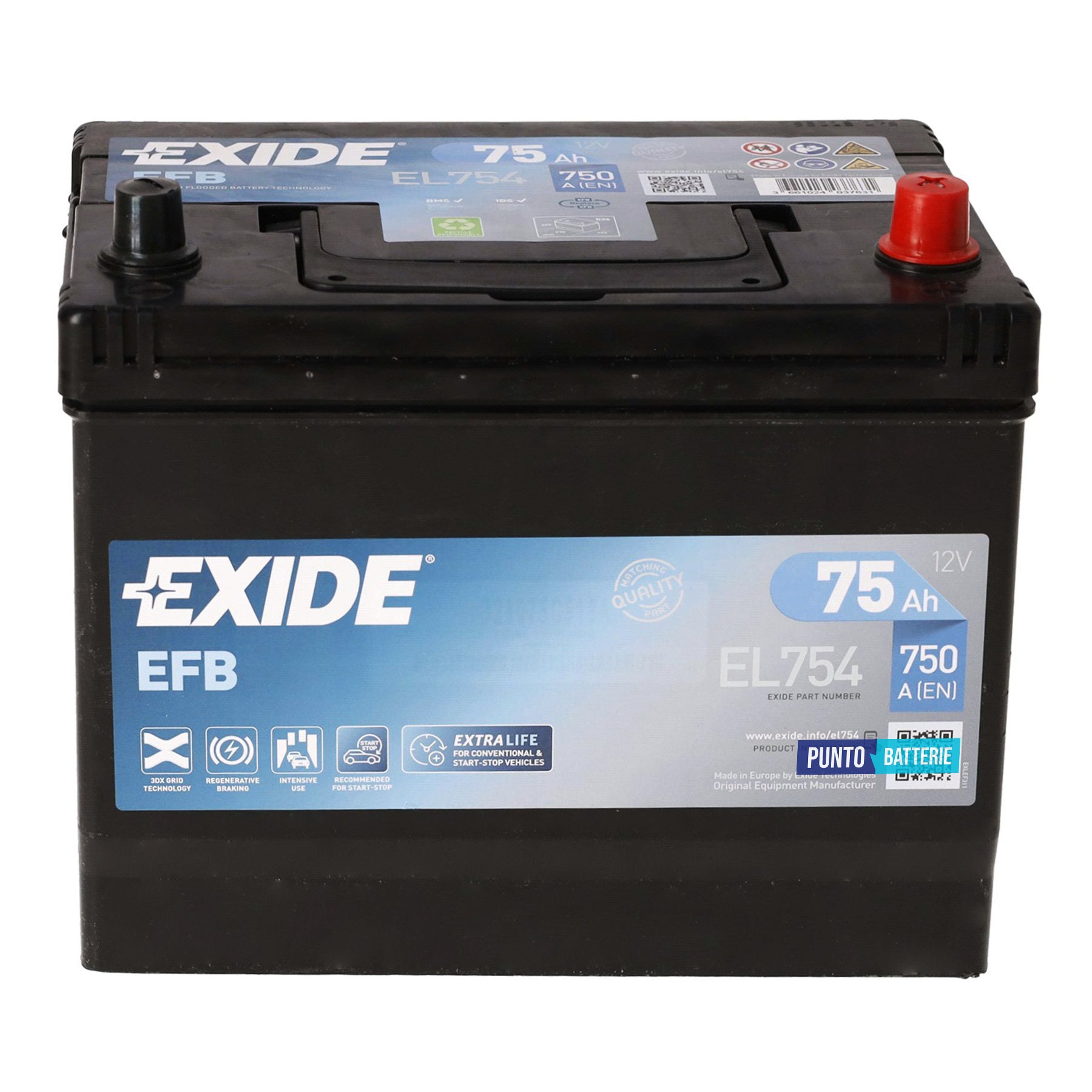 Batteria Exide 75Ah, 12V, 750A, 270x173x222mm, EFB